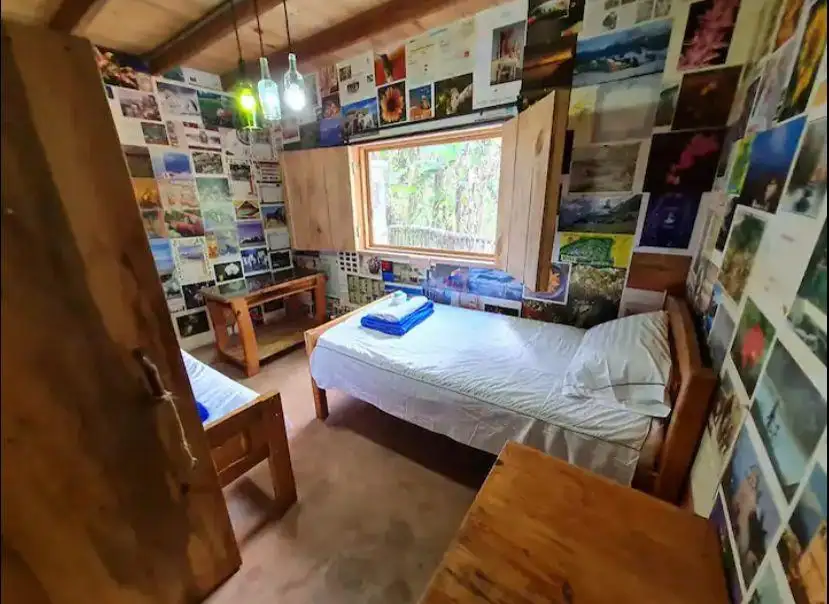 Habitación de Magueyal con camas, paredes decoradas con imágenes y una ventana hacia el bosque