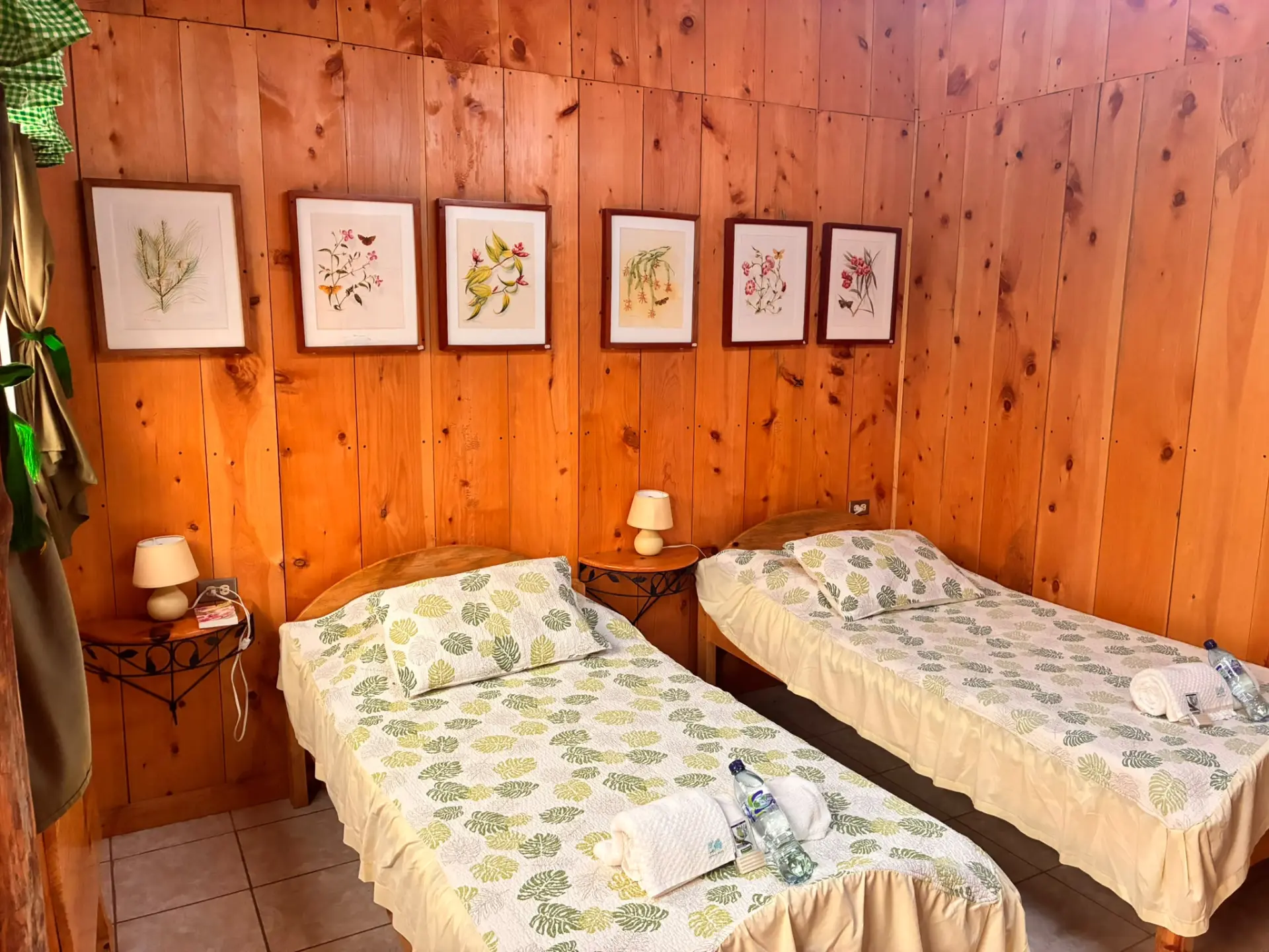 Habitación acogedora con dos camas, ropa de cama botánica y cuadros de plantas en las paredes de madera