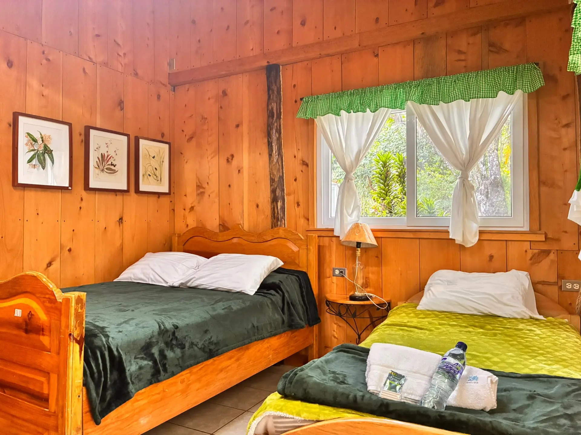Habitación de madera con dos camas, mantas verdes y una ventana hacia la naturaleza